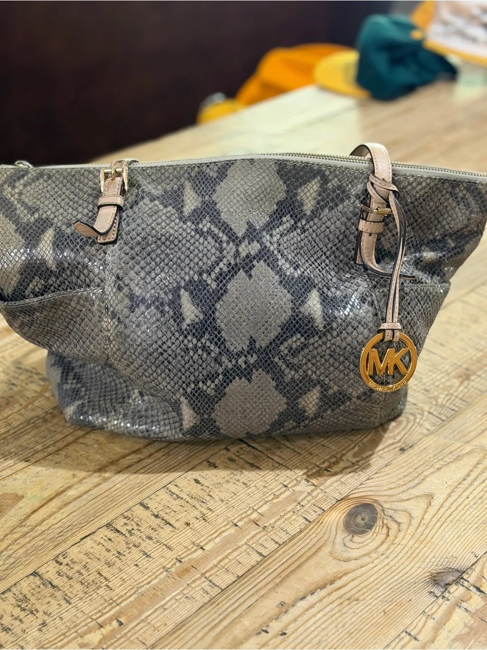 Michael Kors Taupe and Gray Snake-Print Shoulder Tote
